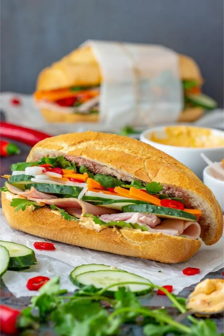 Vietnamese banh mi sandwich filled with ham, veggies and herbs at Pho Saigon, a Vietnamese Restaurant in Grand Island